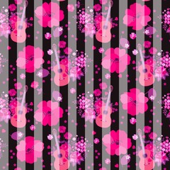 Seamless striped pattern with guitars, bunch of garden flowers and huge pink poppies on black background. Print for fabric.