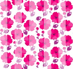 Seamless elegant floral pattern with pink poppies and transculent white stripes. Print for fabric.