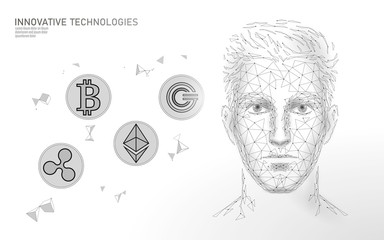 Low poly Bitcoin cryptocurrency trade concept. Male face handsome successful man. Personal financial data money innovation technology. 3D polygonal profit investment vector illustration
