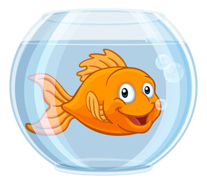 A goldfish in a gold fish bowl happy cute cartoon character