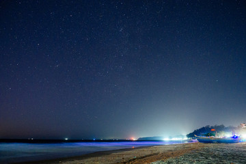 Night shot with a boat and milky way in background, tropical warm night copyspace,Goa India