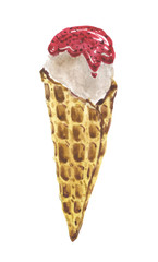 Ice cream in a waffle cone with raspberry topping, for hot summer compositions on the theme of rest in amusement parks and on the beach. Also well used for design on the theme of children's parties.