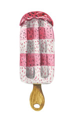 Ice cream on a stick with raspberry topping, for hot summer compositions on the theme of rest in amusement parks and on the beach. Also well used for design on the theme of children's parties.
