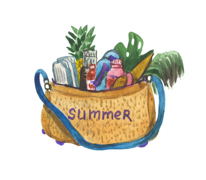 Watercolor beach bag for a picnic with products, fruits and vegetables on a white background for design compositions on the theme of summer vacations, travel.