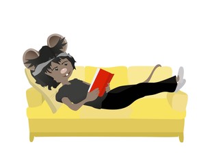 Cartoon rat. Reading book on sofa. Cute mouse.