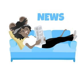 Cartoon rat. Reading newspaper on sofa. News. Cute mouse.