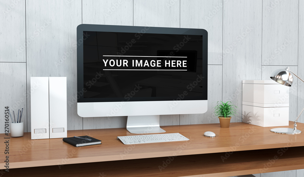 Poster computer and devices on modern wooden desk interior 3d rendering