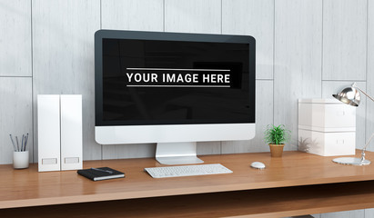 Computer and devices on modern wooden desk interior 3D rendering