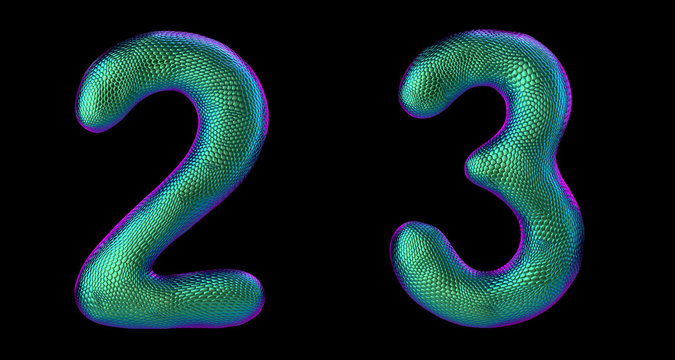 Number set 2, 3 made of realistic 3d render green color. Collection of natural snake skin texture style symbol