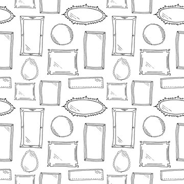 Frames seamless sketch pattern. Black hand drawn picture frames and mirrors on white background. Wallpaper pattern, doodle of frames. 