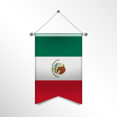 Fototapeta premium The national flag of the MEXICO with textile texture. Triangle flag hanging on a pole. Vertical mexican icon flag for background, banner, web site, logo. Official sign of the country. Vector EPS 10