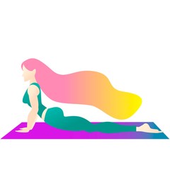 Obraz na płótnie Canvas A woman started in yoga with a cobra pose. Bhujangasana. Colorful vector illustration Flat character design. Indigo fashion colors.
