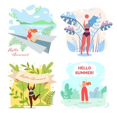 Fototapeta premium Zestaw ilustracji wektorowych jest napisany Hello Summer.