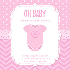 Baby Shower invitation. Vector. Baby girl card. Welcome template invite banner. Cute pink design with onesie. Birth party background. Happy greeting holiday poster. Cartoon flat illustration.