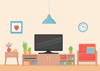 Living room interior. Vector. Room with coral armchair, TV and TV stand. Modern house background with furniture. Home inside. Domestic apartment. Cartoon illustration. Banner in flat design.