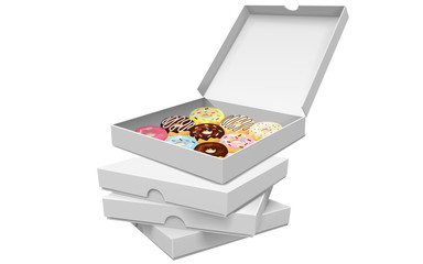 colorful donuts in the white paper box on the white background