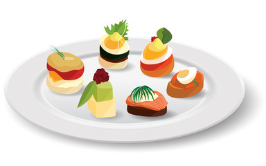 colorful canapes in the white plate on the white background