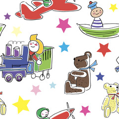 Toys pattern. Hand drawn doodle toys (bear, airplane, train, sailor) on white background. Cute children pattern, seamless wallpaper.	