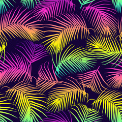 Colorful palm leaves seamless vector pattern. Tropical neon gradient background. Futuristic digital vector wallpaper. Vaporwave, retrowave, cyberpunk aesthetics.