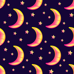 Seamless pattern with crescent moons and stars in the night sky. Vector wallpaper. Dark blue background.