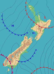 Realistic weather map of the New Zealand showing isobars and weather fronts. Meteorological forecast. Topography map. Vector illustration. - obrazy, fototapety, plakaty