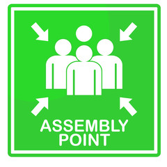 assembly point, sign and sticker