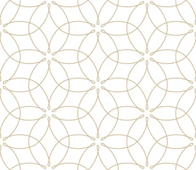 Poster de jardin Or abstrait géométrique Modèle sans couture de vecteur géométrique simple moderne avec des fleurs d& 39 or, texture de ligne sur fond blanc. Papier peint floral abstrait léger, ornement lumineux de tuile