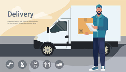 Vector design concept with illustration of a bearded courier man from a cargo delivery service on the background of a truck. There is a place for the title and text. Delivery banner design.