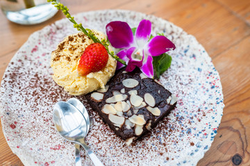 brownie and ice cream strawberry dessert