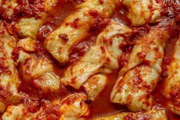 Cabbage rolls stuffed with rice and tomato sauce