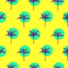 Stylized bright yellow palm trees circled style seamless pattern design.