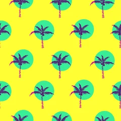 Behang Geel Gestileerde heldere gele palmbomen omcirkeld stijl naadloos patroonontwerp.