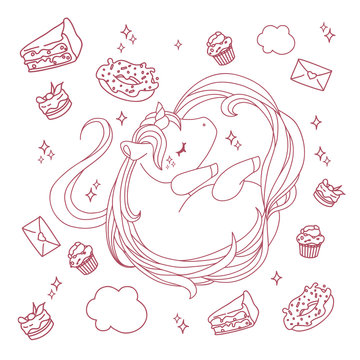 heand draw magic unicorn illustration with sweets set