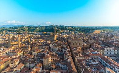 Florence, Tuscany / Italy: General view of Florence as seen from the top of the Campanile of Giotto, with Palazzo Vecchio in the middle and Palazzo Pitti in the distance
