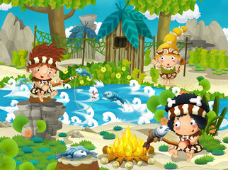 cartoon stone age scene with cavemen living and fishing - illustration for the children