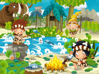 cartoon stone age scene with cavemen living and fishing with mammoths - illustration for the children