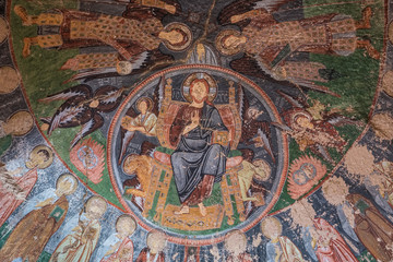 Fresco in abandoned cave church of the Cross Crusader Church at Rose valley in Cappadocia region