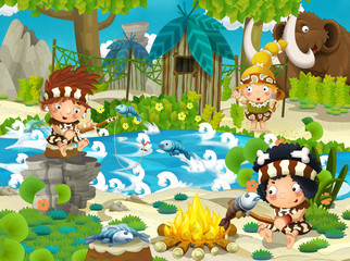 cartoon stone age scene with cavemen living and fishing with mammoths - illustration for the children