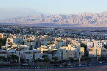 Fototapeta premium Eastern city street aerial photography scenic landscape from Israel to view on Jordanian mountains background 