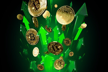 Green arrows shots up with high velocity as Bitcoin (BTC) price rises. Cryptocurrency prices grow, high risk - high profits concept. 3D rendering