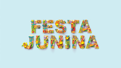 Festa Junina typography festival design on paper art and flat style with Party Flags and Paper Lantern, Can use for Greeting Card, Invitation or Holiday Poster. - Vector