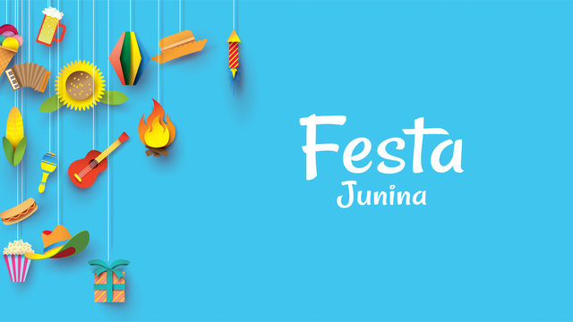 Festa Junina festival design on paper art and flat style with Party Flags and Paper Lantern, Can use for Greeting Card, Invitation or Holiday Poster. - Vector