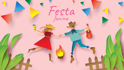Festa Junina festival design on paper art and flat style with Party Flags and Paper Lantern, Can use for Greeting Card, Invitation or Holiday Poster. - Vector