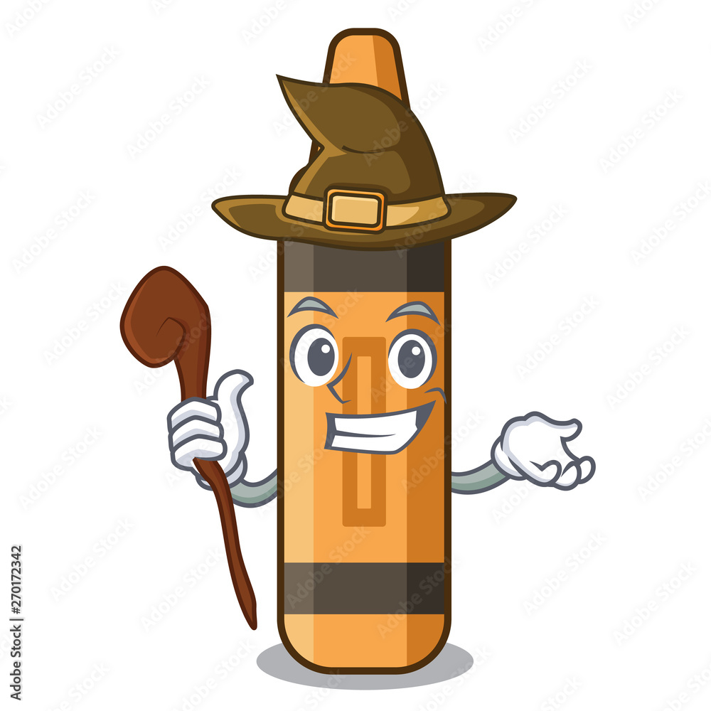 Sticker witch orange crayon in the cartoon shape