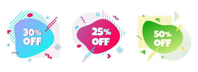 3 Modern liquid abstract special offer price sign 25%, 30%, 50% off DISCOUNT set text gradient flat style design fluid vector colorful vector illustration banners or flyer leflet icon.