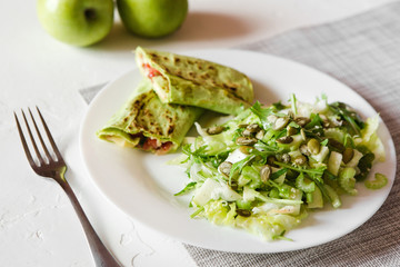 fresh vegetarian breakfast with salad and pita bread roll and cheese