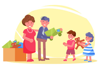 Obraz premium Charity Volunteers donate toys to children from the shelter