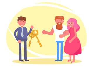Charity Young couple receives the keys to the apartment or car Vector. Cartoon. Isolated art