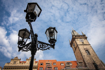 close-up lantern on the background of the town hall in Prague