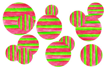 Watercolor background texture. Hand drawn colorful circles and stripes isolated on white
